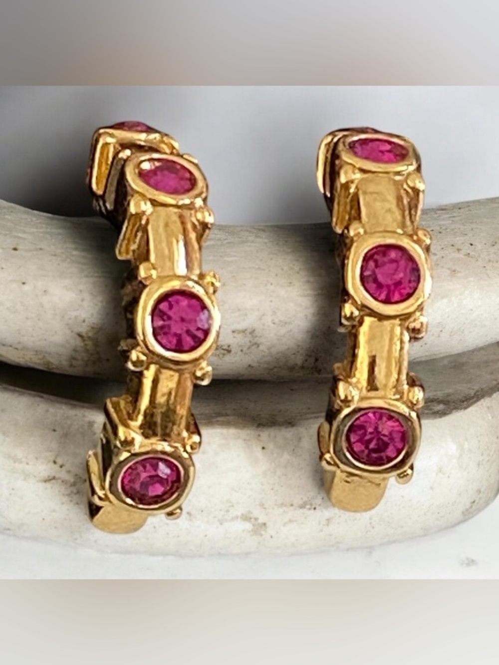 Swarovski goldtone pink crystal half hoop earrings